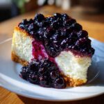 A close-up, tempting slice of creamy blueberry cheesecake topped generously with dark blueberry compote.