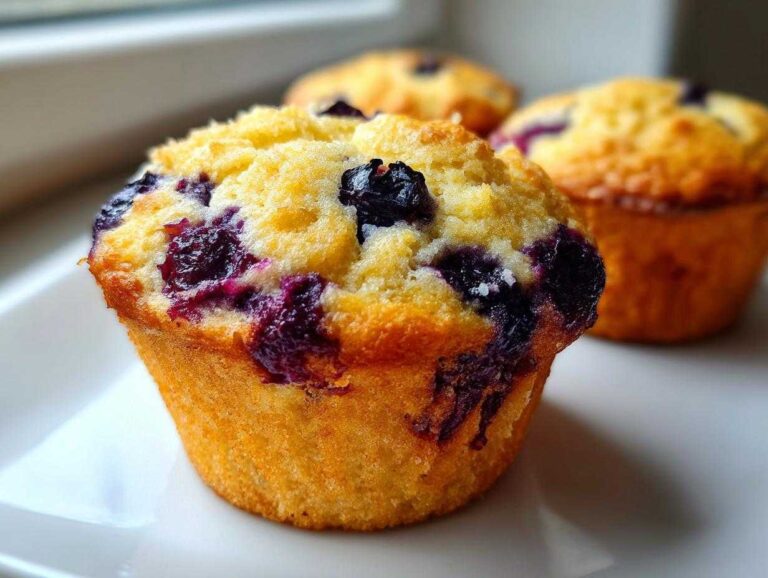 A close-up of a golden blueberry cottage cheese muffin with visible blueberries on top, sitting on a white plate.