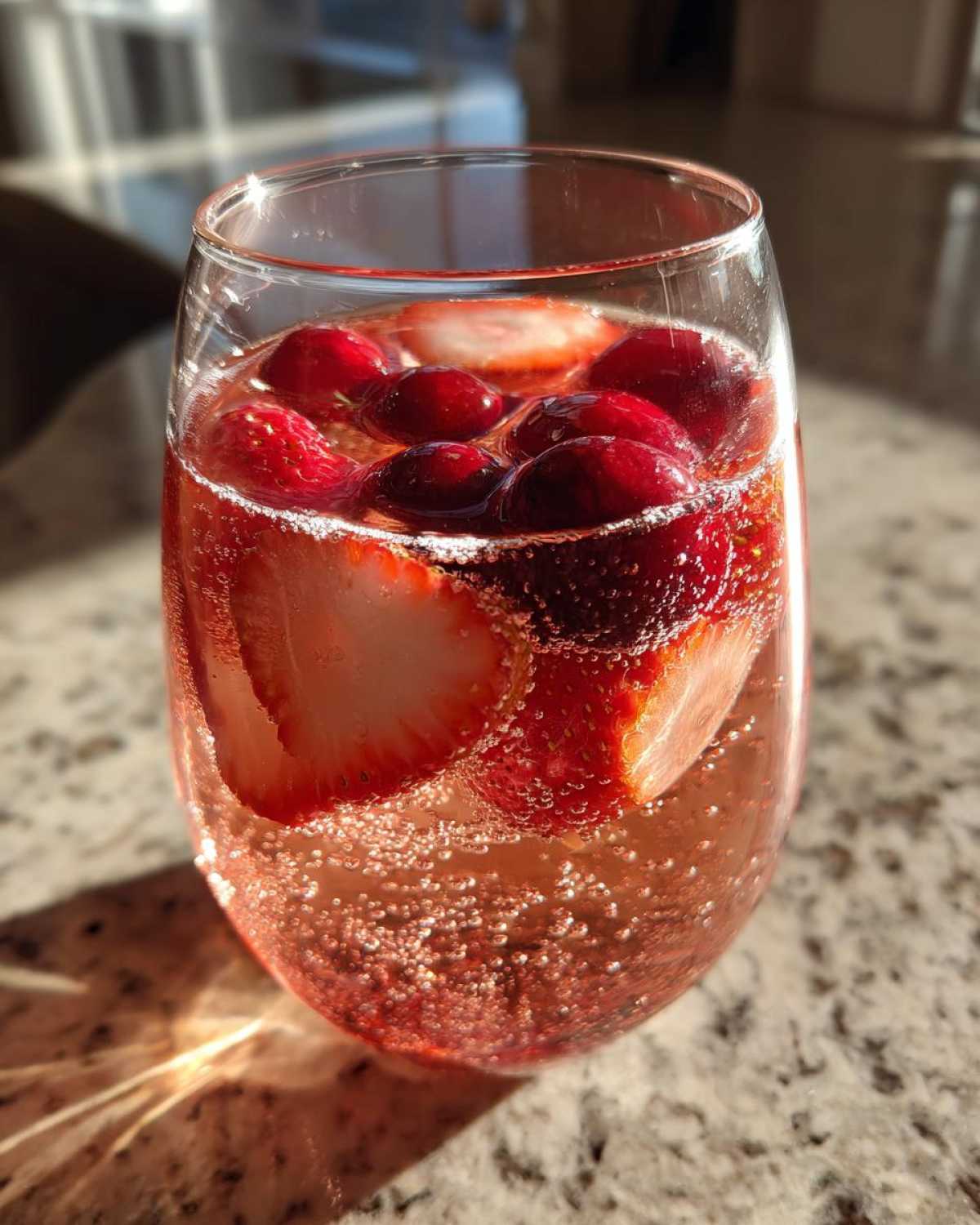 Close-up of a glass filled with bubbly champagne punch, garnished with fresh strawberries and cranberries.