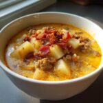 A close-up of a creamy, rich bowl of cheeseburger soup filled with potato chunks, ground beef, and topped with crispy bacon bits.