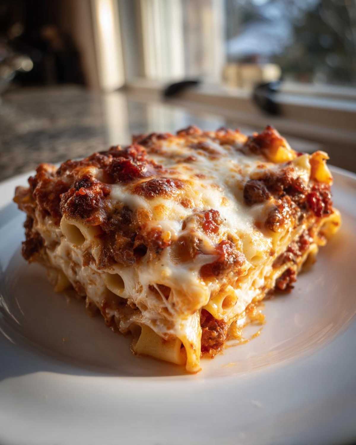 Close-up of a rich slice of baked pasta bake with melted mozzarella and meat sauce.