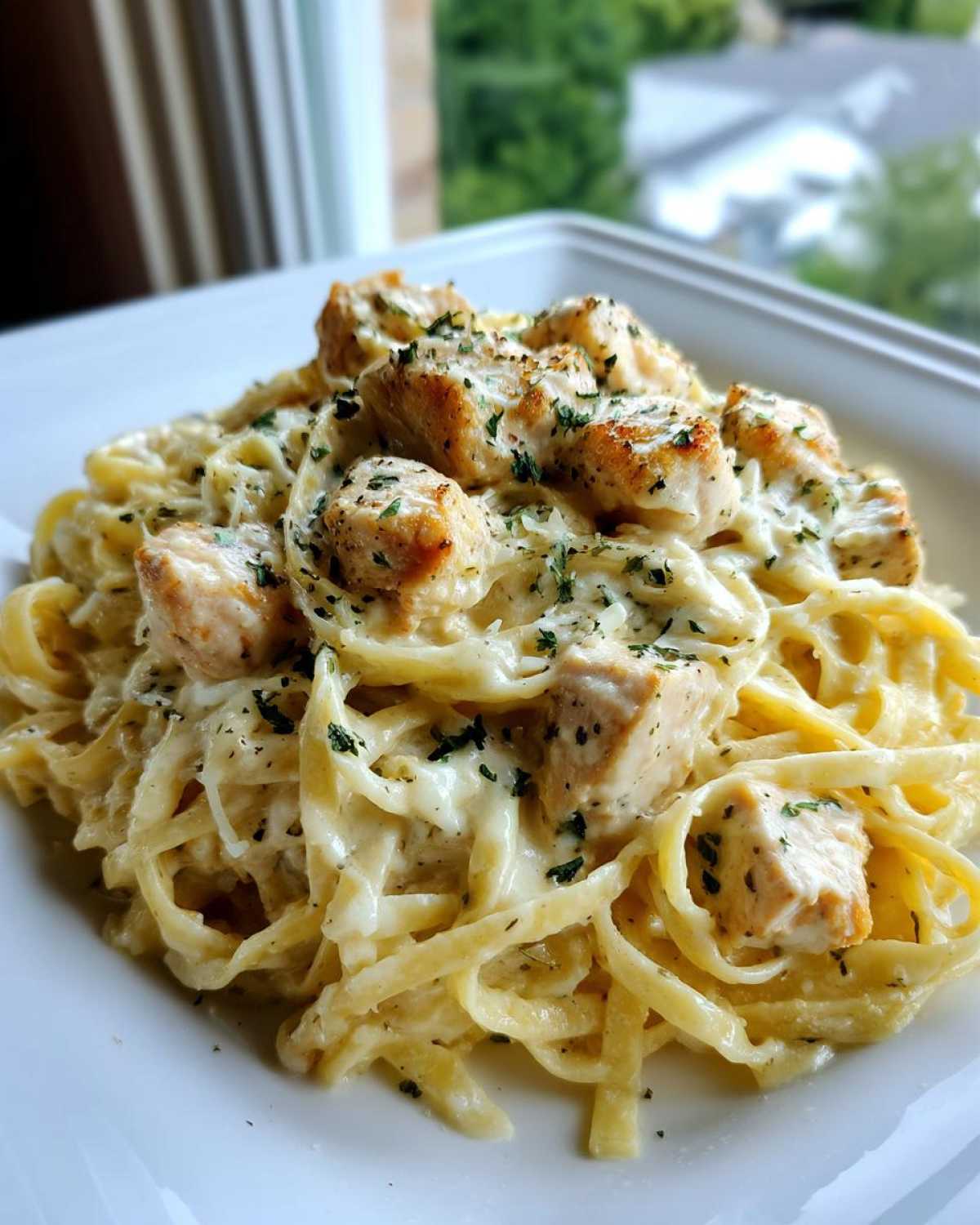 Close-up of creamy chicken fettuccine alfredo topped with diced chicken and parsley on a white plate.