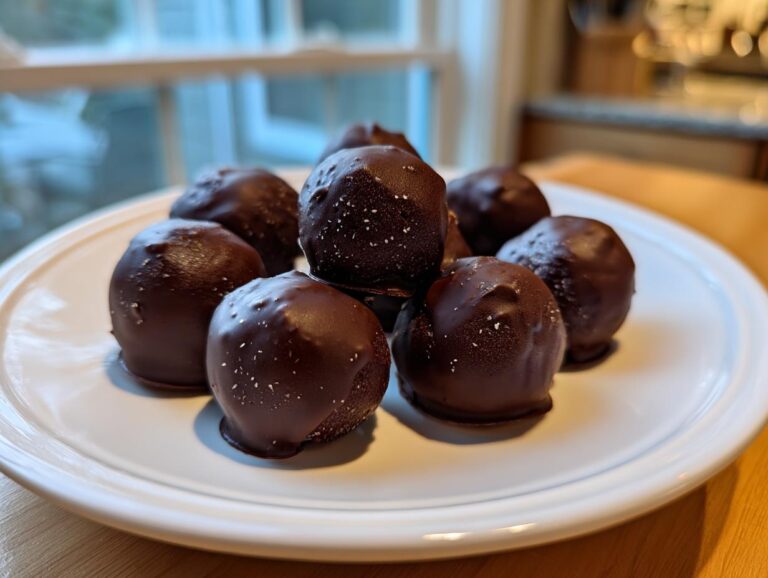 A close-up of several rich, chocolate-covered Oreo balls sprinkled with sea salt, resting on a white plate.