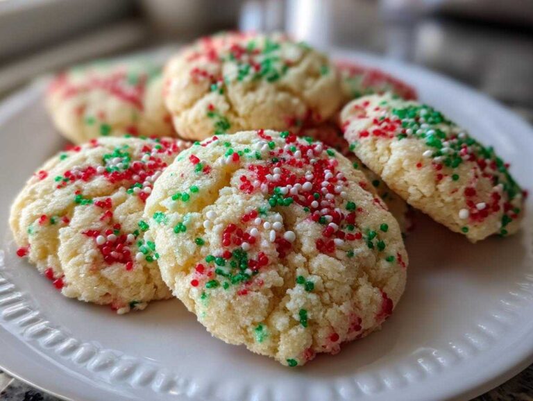 Close-up of soft, pale christmas sprinkle sugar cookies topped with red, green, and white sprinkles on a white plate.