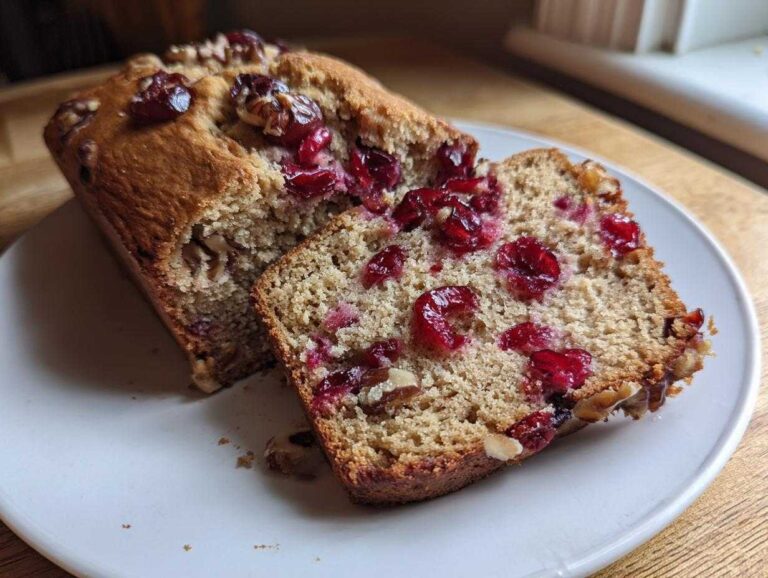A slice of moist cranberry walnut bread next to the loaf, showing bright red cranberries and walnuts baked inside.