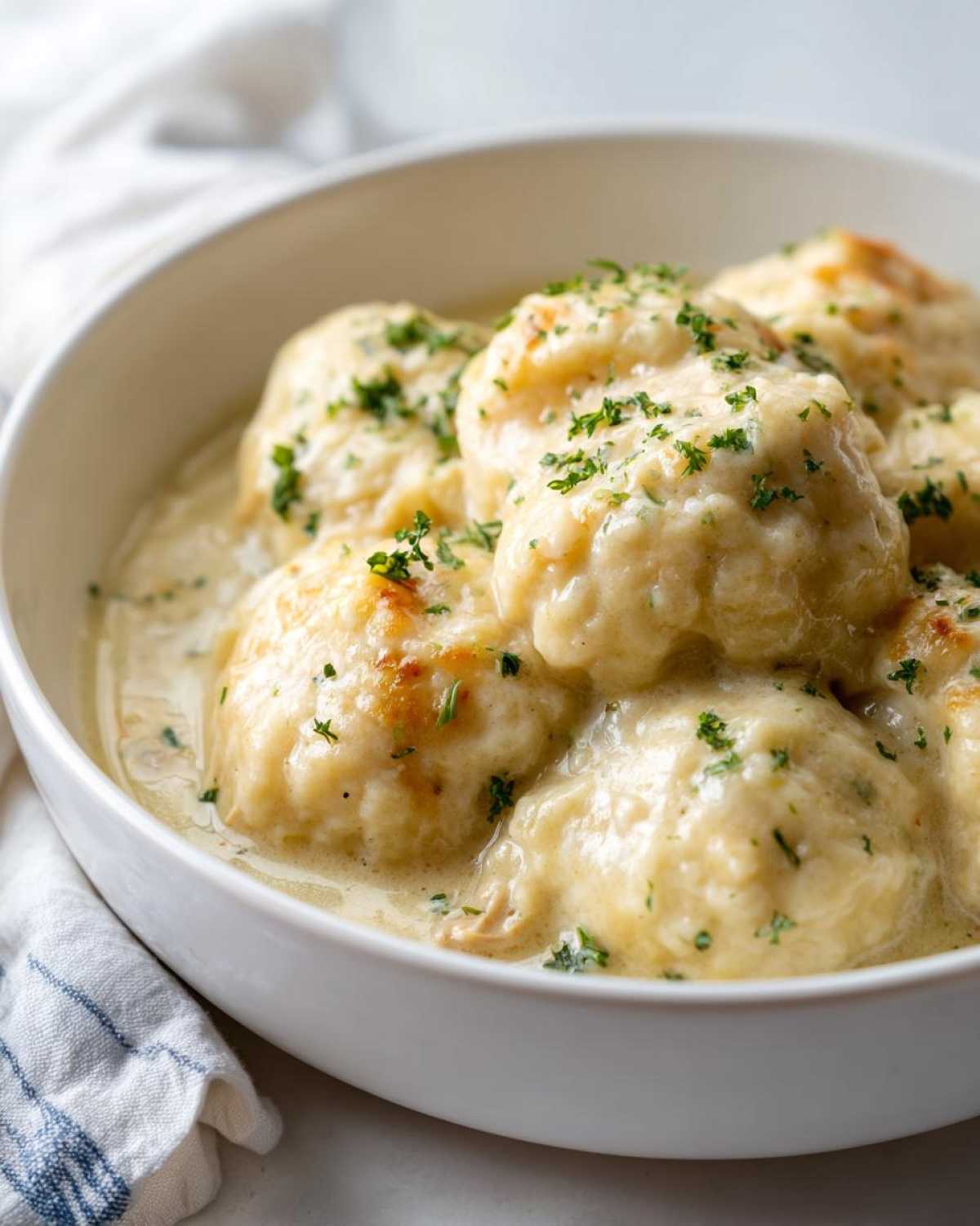 Close-up of fluffy dumplings smothered in creamy sauce, served in a white bowl, featuring delicious chicken and dumplings.