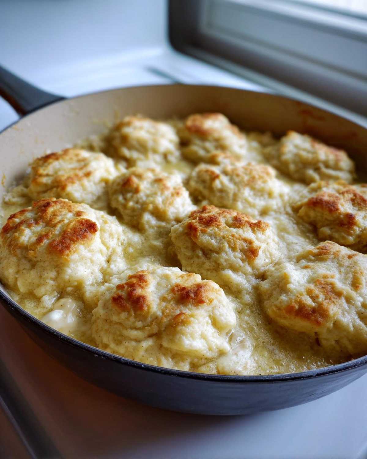 Close-up of fluffy, golden-topped dumplings simmering in a creamy sauce for amazing chicken and dumplings in a cast iron skillet.