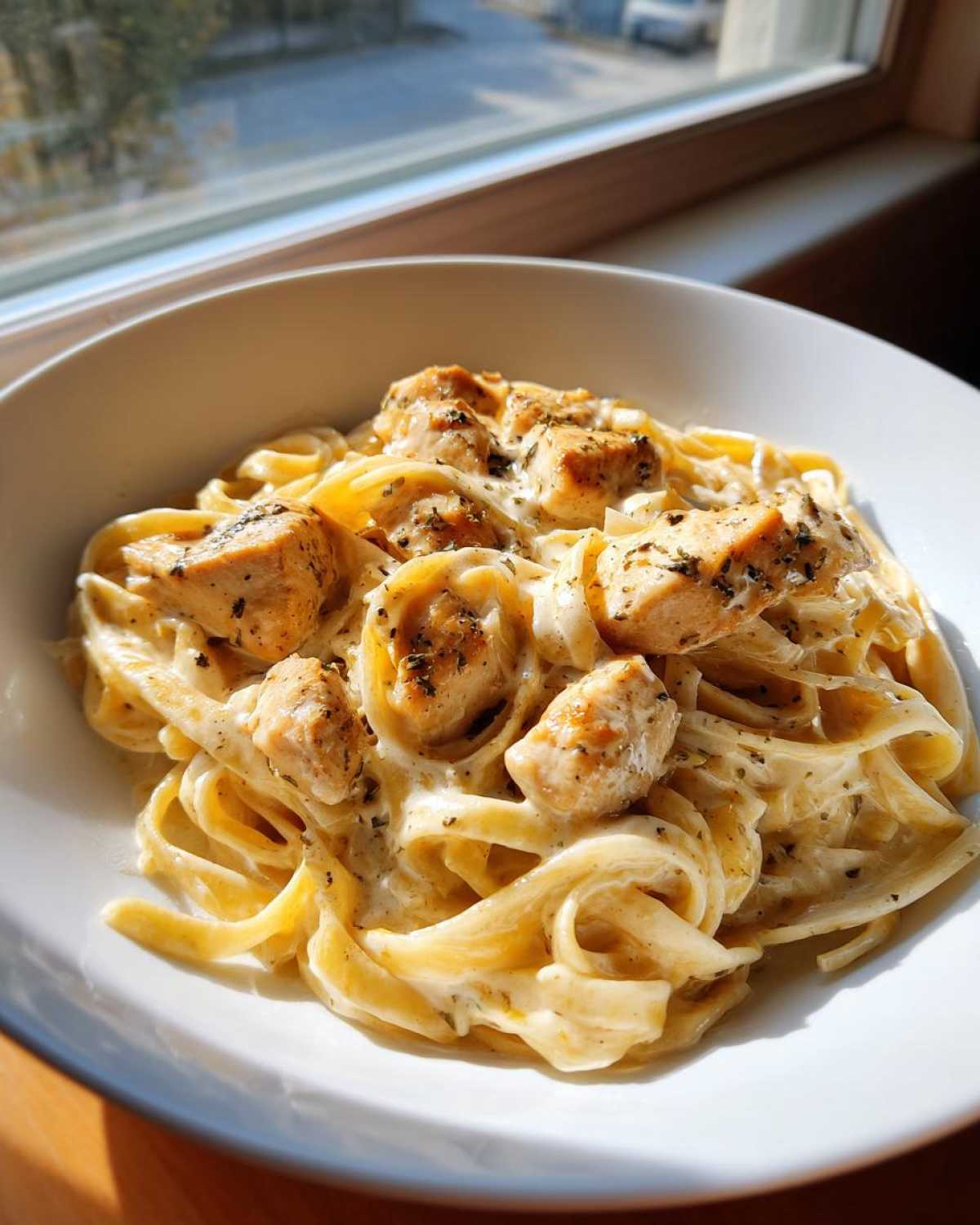 Close-up of creamy chicken fettuccine alfredo pasta topped with seasoned chicken pieces, served in a white bowl near a window.