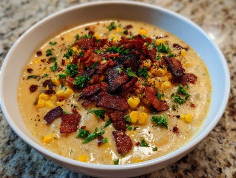 Close-up of a bowl of rich, creamy corn chowder topped generously with crispy bacon bits and fresh parsley.