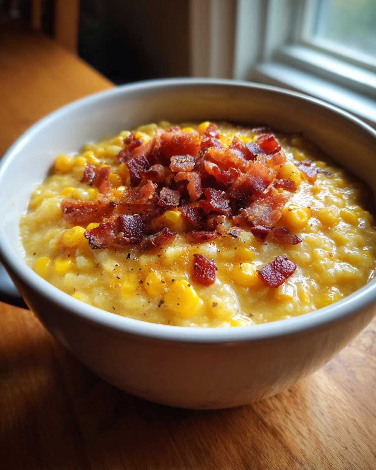 A close-up of a bowl of creamy corn chowder recipe topped generously with crispy bacon bits.