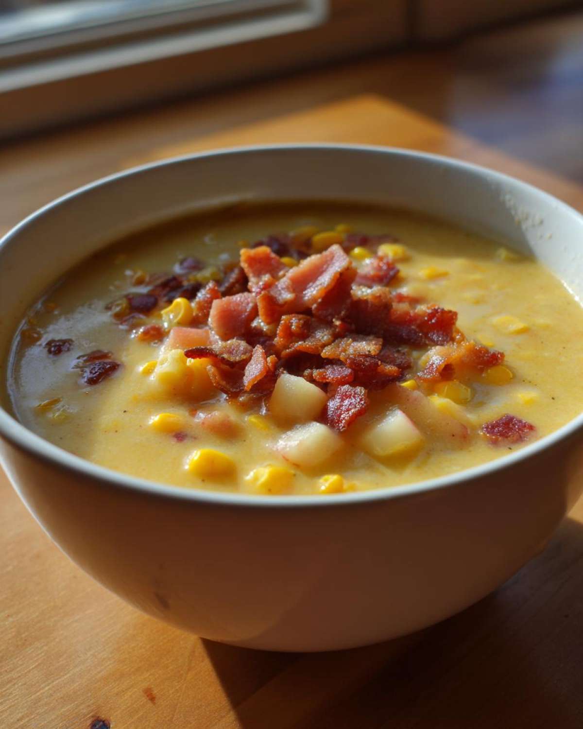 A creamy bowl of corn chowder recipe topped generously with crispy bacon bits and diced potatoes.