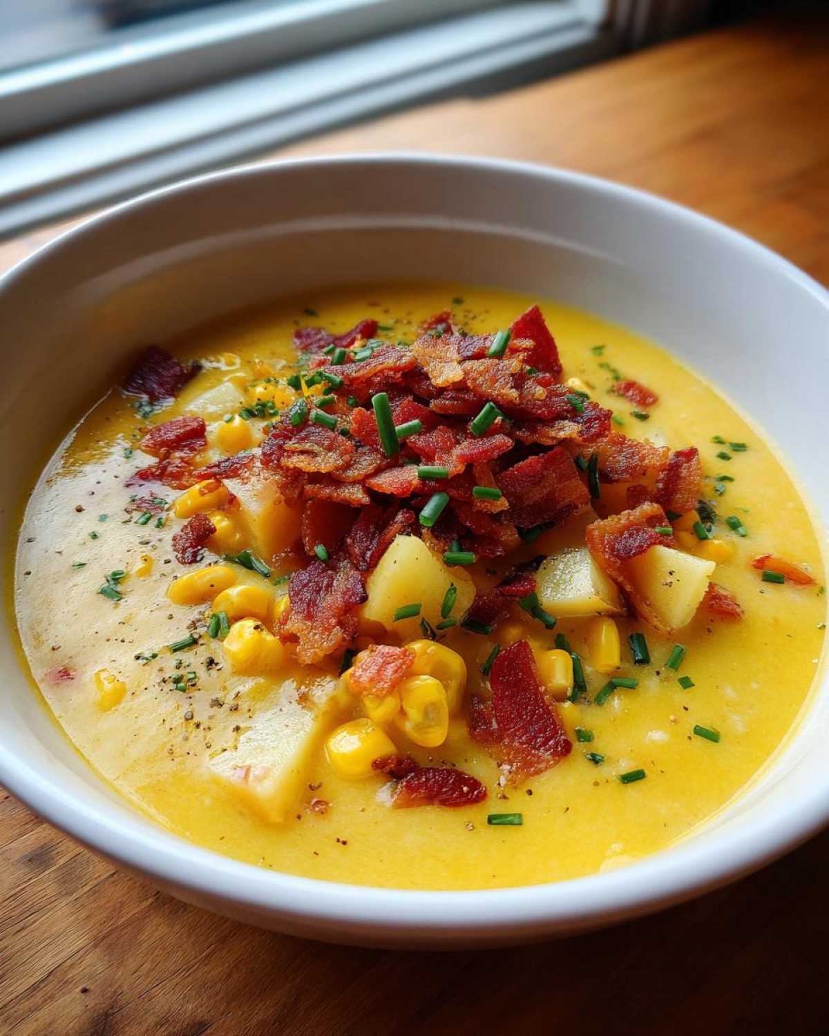 A close-up of a bowl of creamy yellow corn chowder recipe, generously topped with crumbled bacon, potatoes, and fresh chives.
