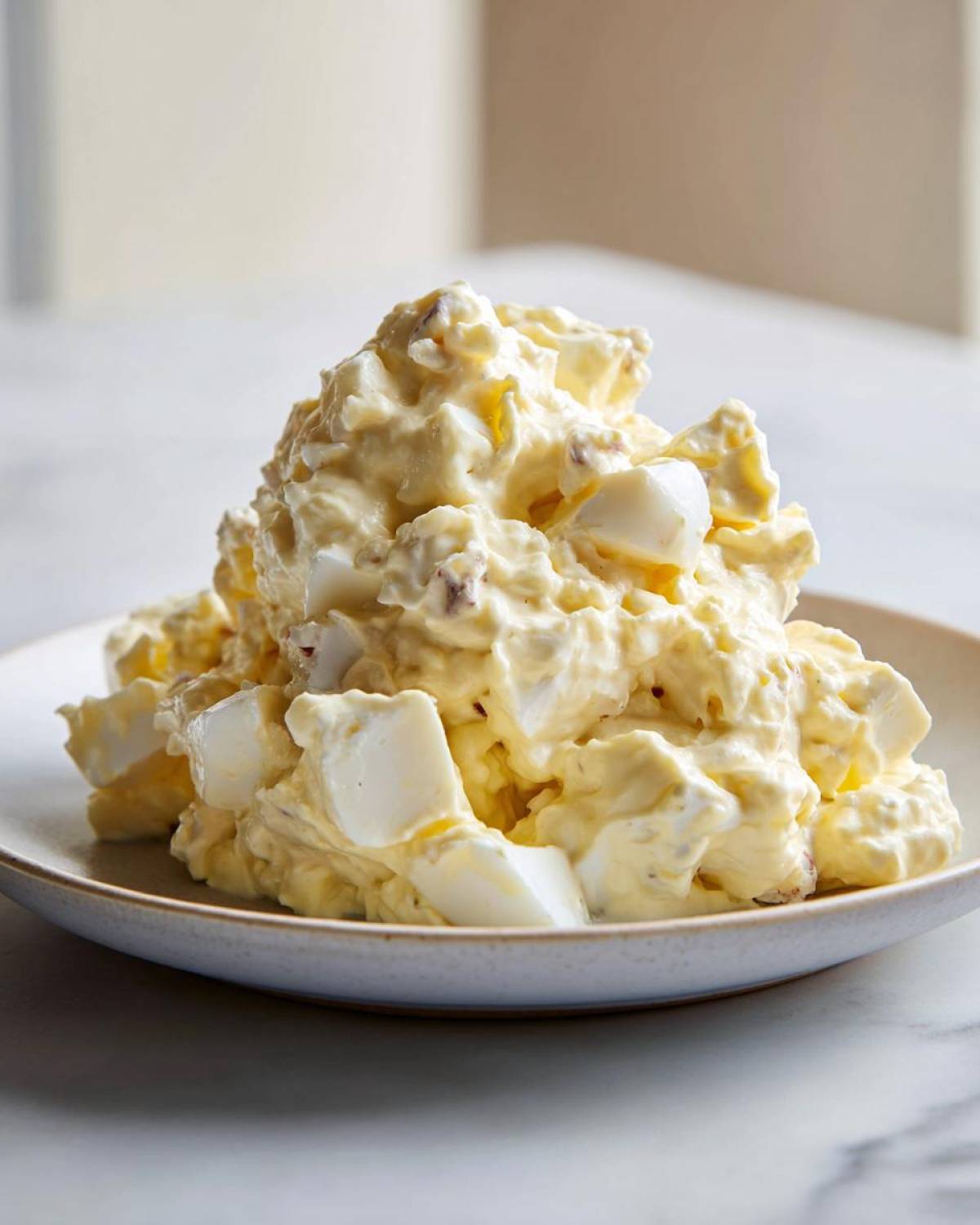 A generous mound of creamy, chunky egg salad recipe served on a light ceramic plate.