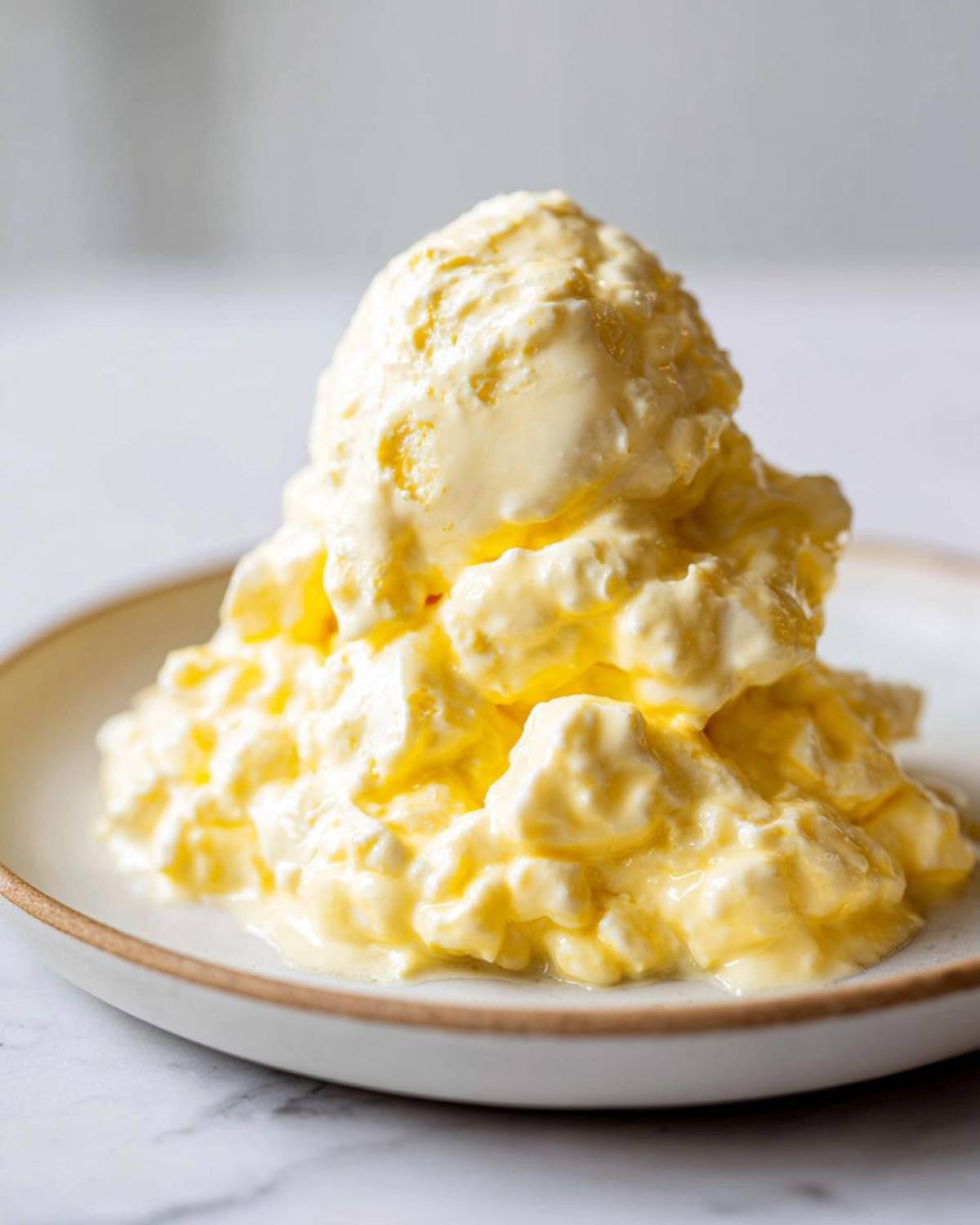 A generous scoop of creamy, yellow egg salad recipe piled high on a small white plate.