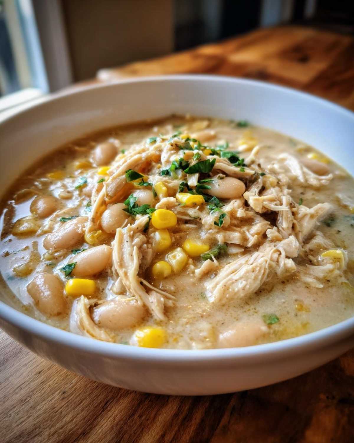 Close-up of creamy white chicken chili topped with shredded white chicken, beans, corn, and parsley.