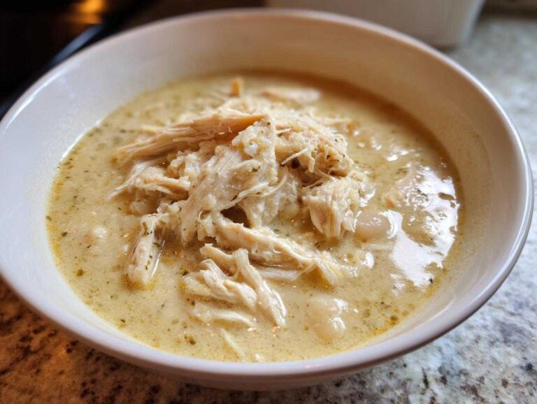 A close-up of a white bowl filled with creamy white chicken chili recipe, topped with shredded chicken.
