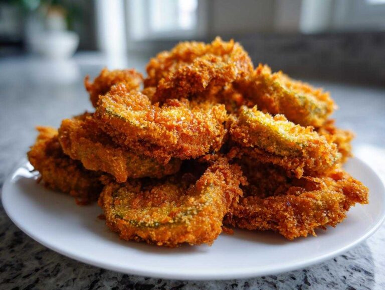 A close-up of a generous pile of crispy, golden brown Fried Pickles stacked high on a white plate.