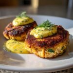 Two perfectly golden-brown, crispy salmon cakes topped with creamy dill sauce and fresh dill sprigs.