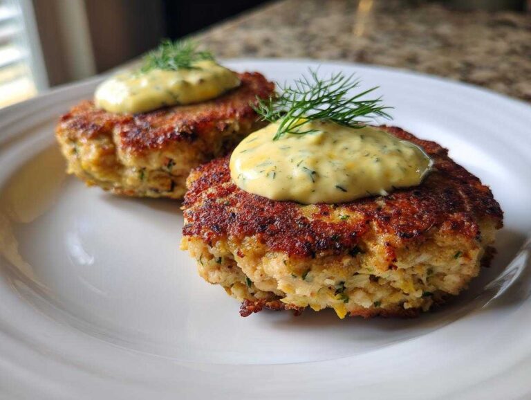 Two perfectly pan-fried salmon cakes topped with a dollop of creamy dill sauce and fresh dill sprigs.