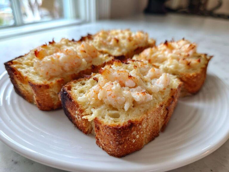 Four pieces of crispy shrimp toast, topped with creamy shrimp mixture, served on a white plate.