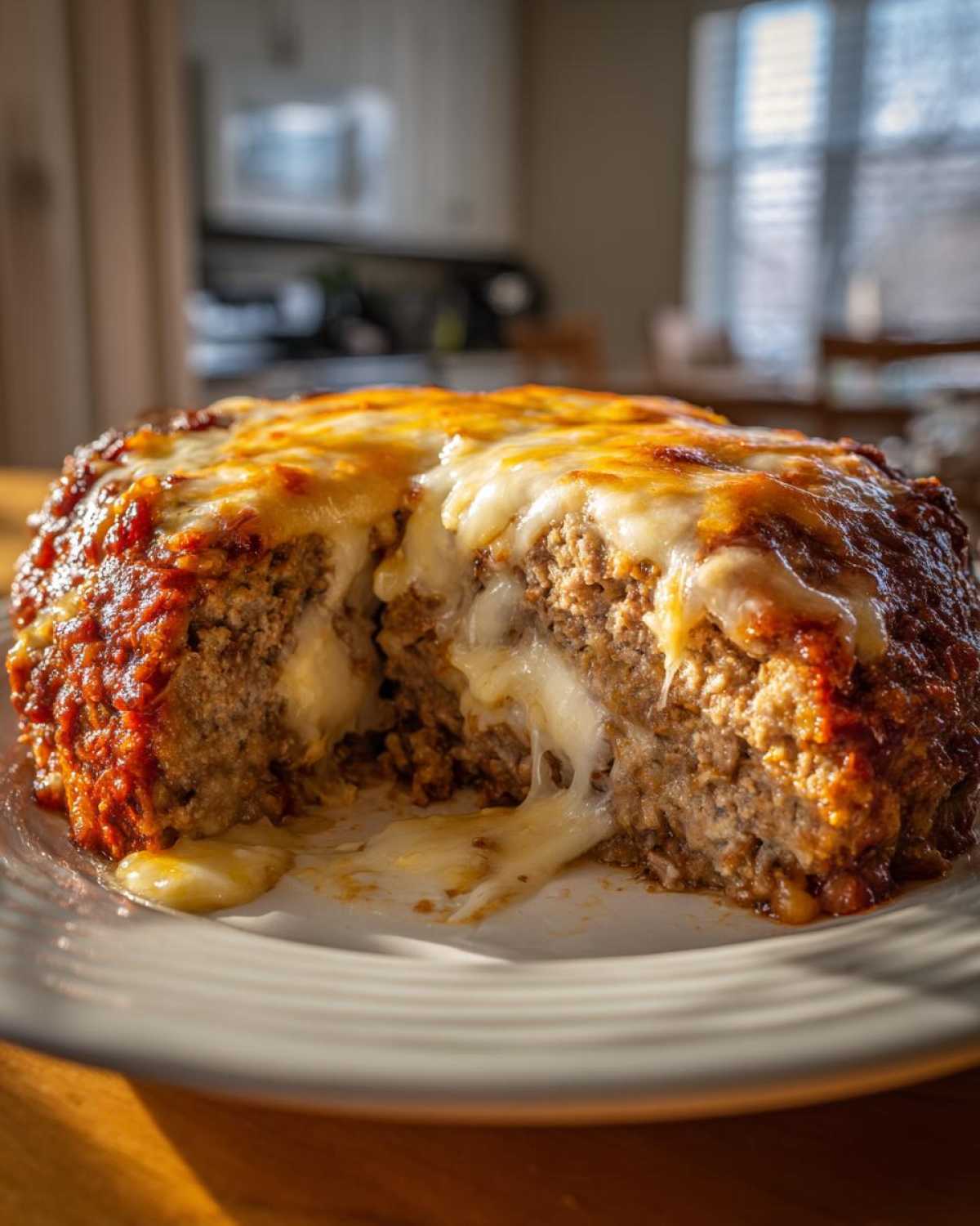 A close-up of the crockpot French onion meatloaf with a slice removed, showing melted cheese oozing out.