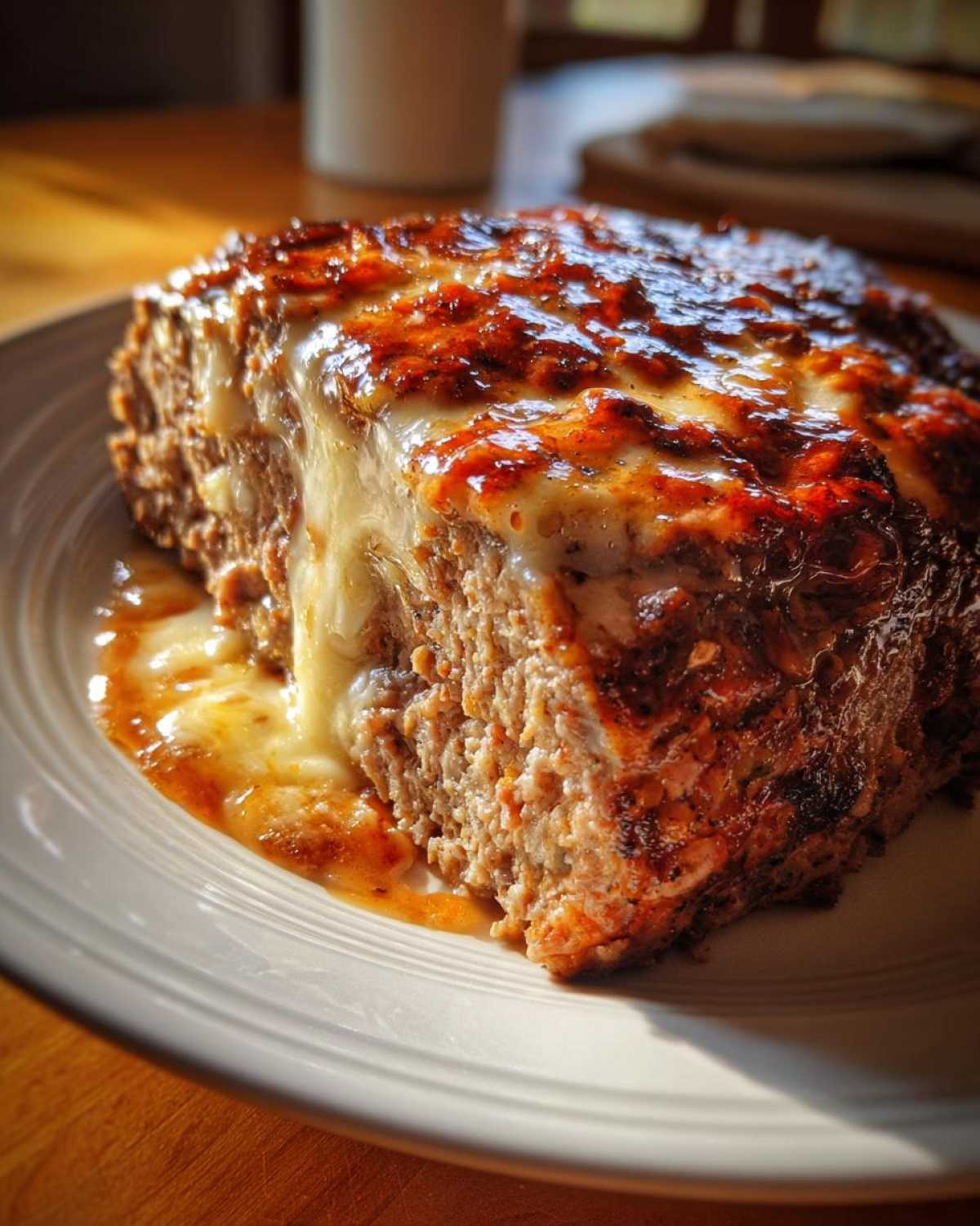 A close-up of a thick slice of crockpot French onion meatloaf topped with melted, gooey cheese.