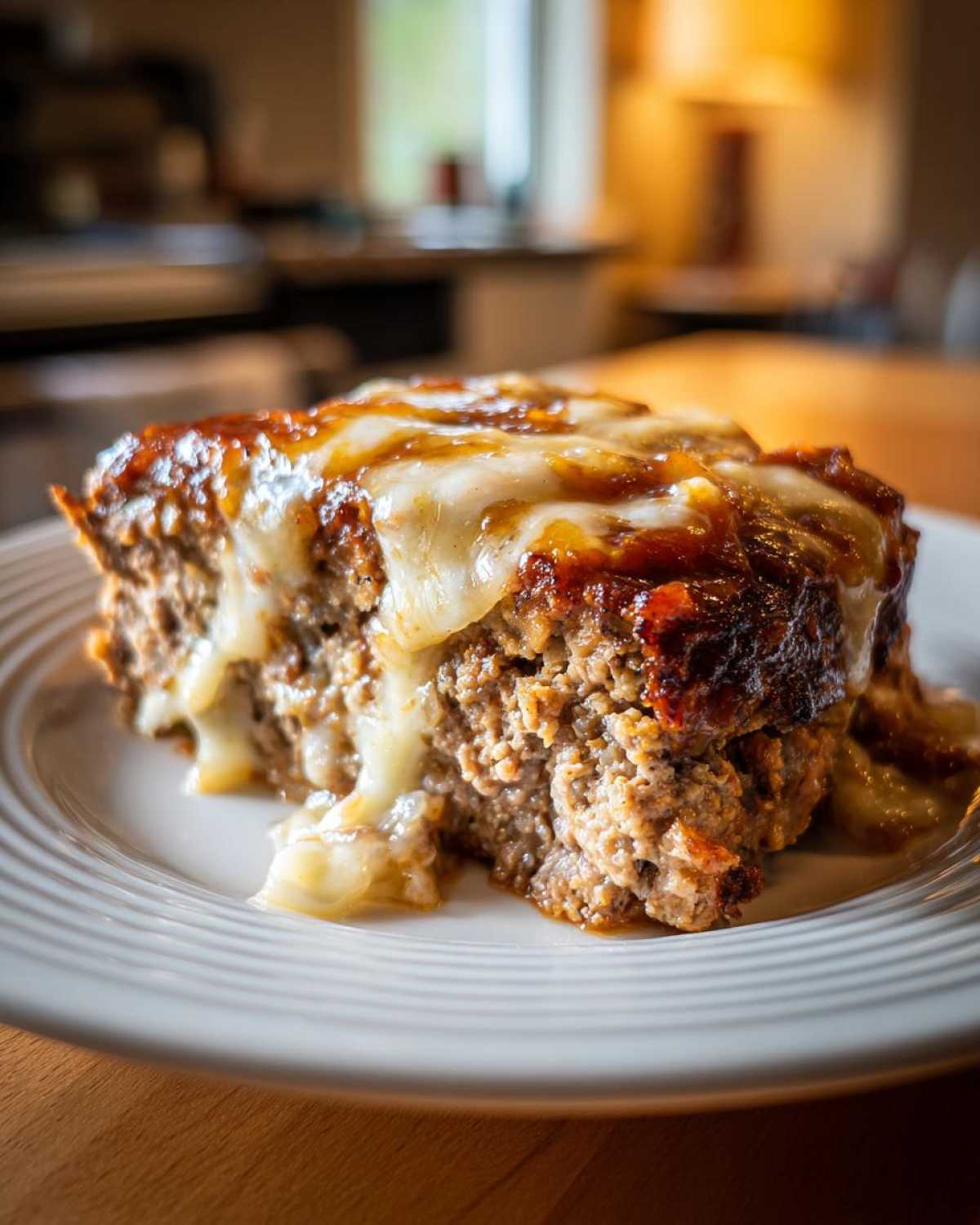 A close-up of a thick slice of crockpot French onion meatloaf topped with gooey melted cheese.