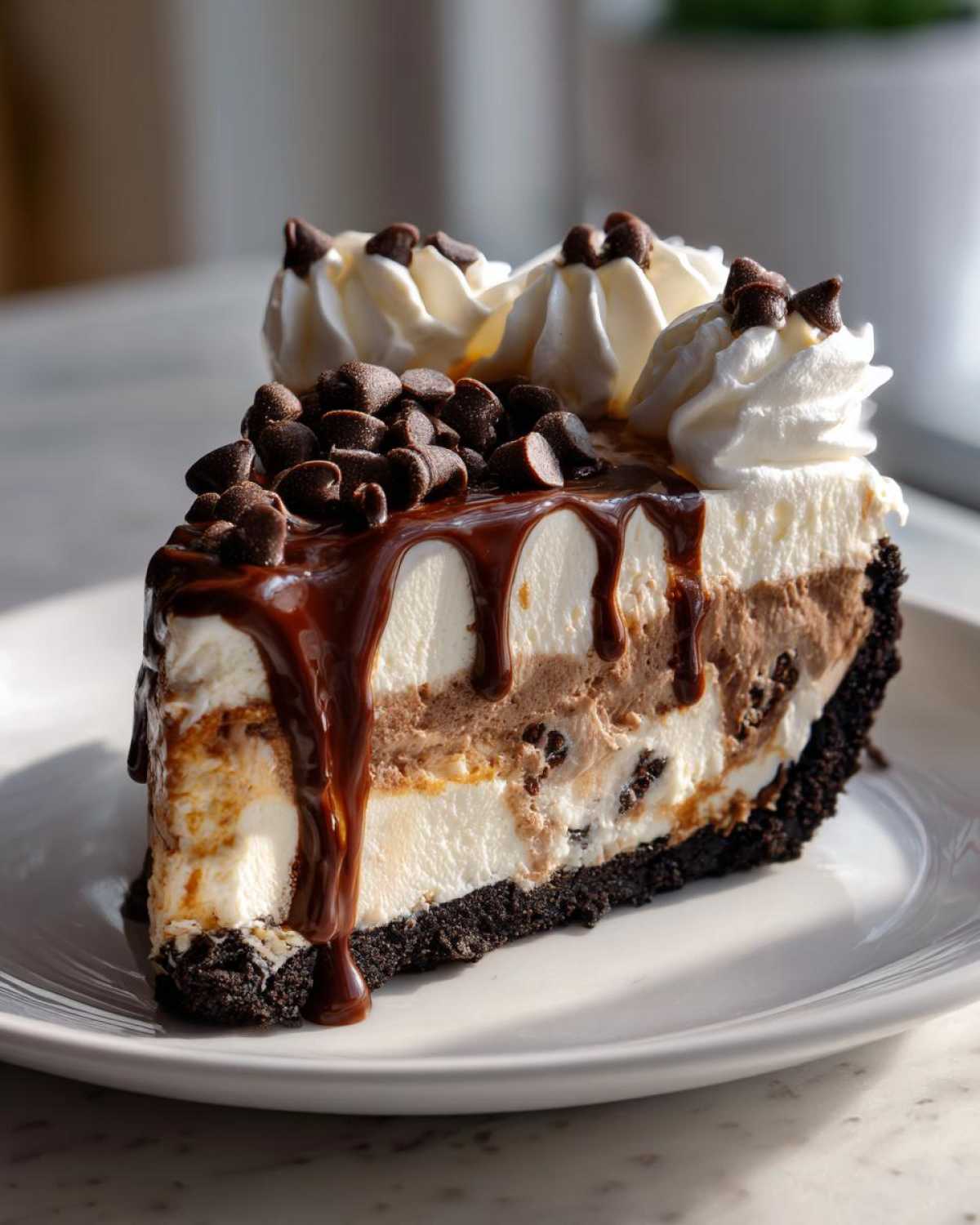 A rich slice of layered ice cream pie with chocolate crust, vanilla and chocolate filling, topped with caramel, whipped cream, and chocolate chips.