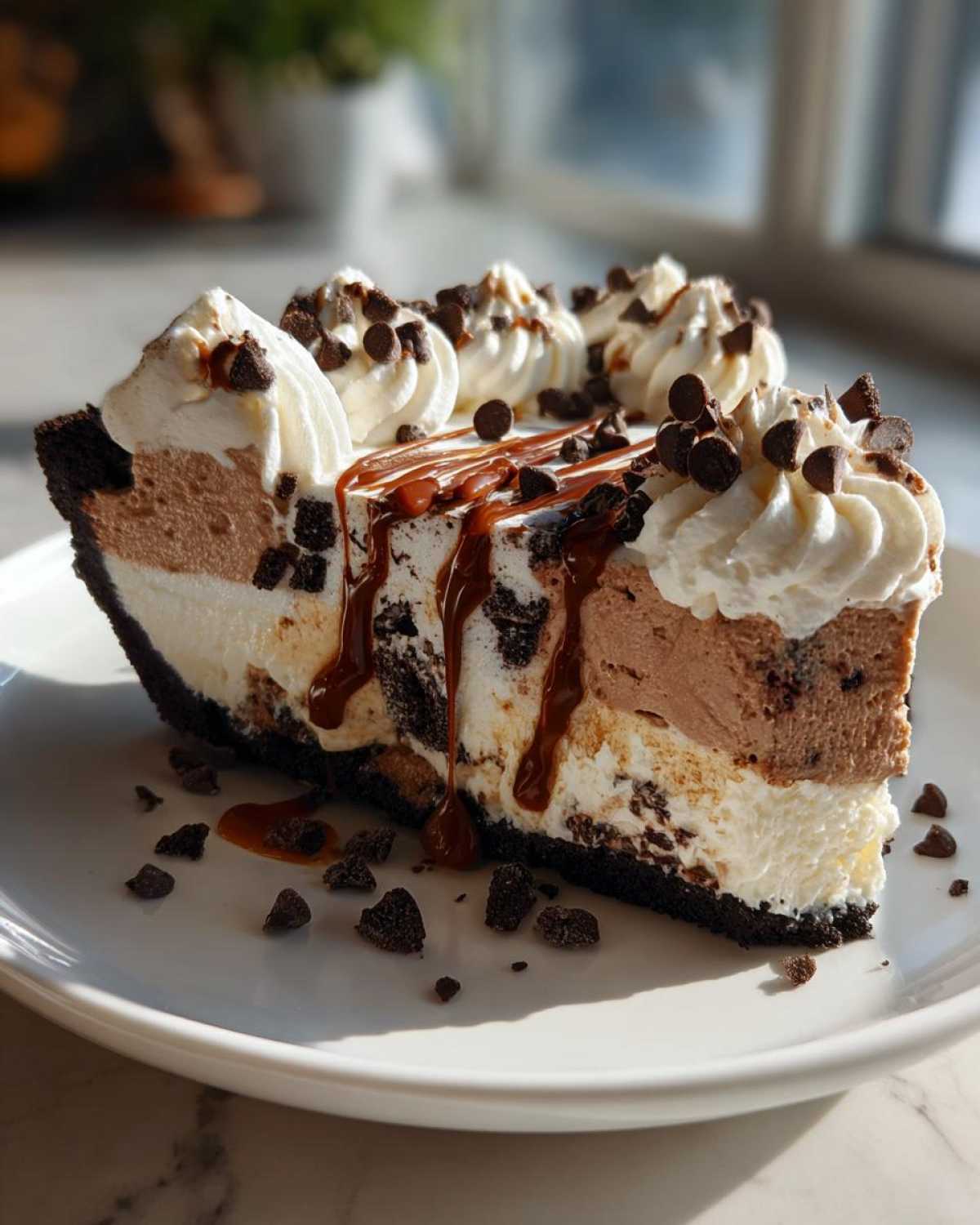 A rich slice of layered ice cream pie with chocolate crust, vanilla and chocolate layers, topped with whipped cream, caramel, and chocolate chips.