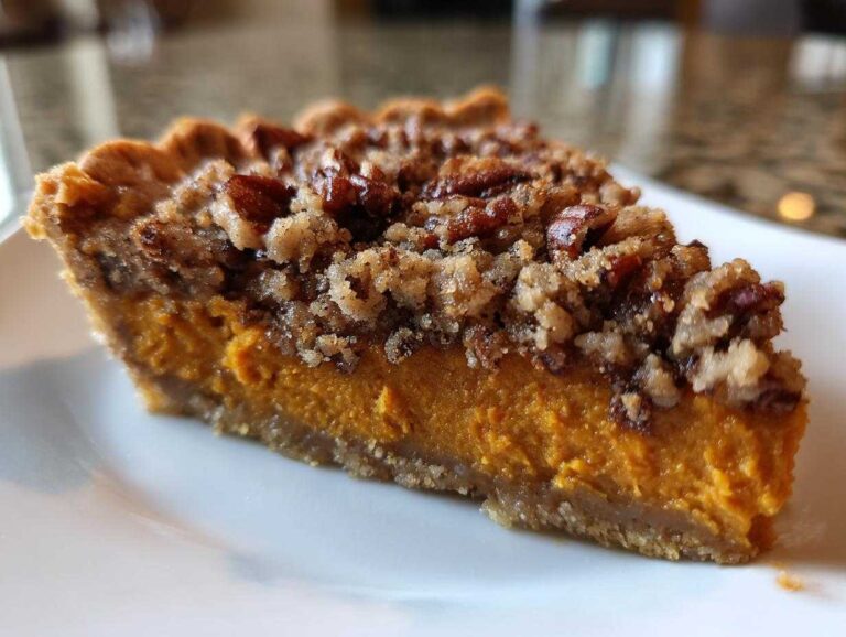 Close-up of a slice of easy sweet potato casserole featuring a thick orange filling and a crunchy pecan streusel topping.