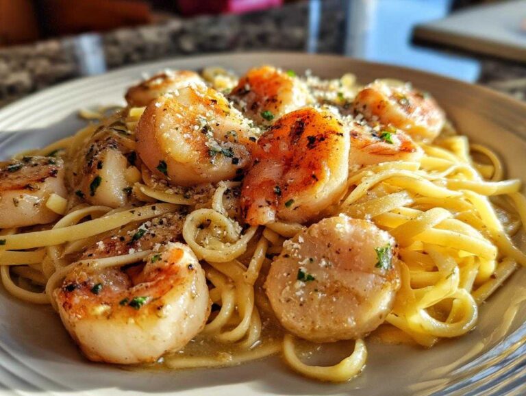 A close-up, featured image of rich seafood pasta featuring seared shrimp and scallops tossed in a light sauce and topped with Parmesan.