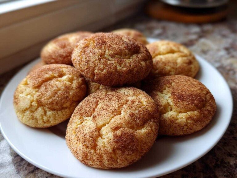 A close-up of several soft, chewy snickerdoodles coated in cinnamon sugar piled high on a white plate.