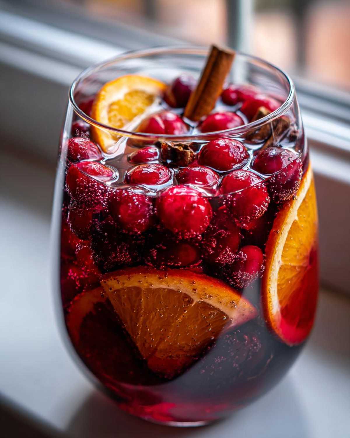 A glass filled with bubbling red christmas sangria, loaded with fresh cranberries, orange slices, and a cinnamon stick.