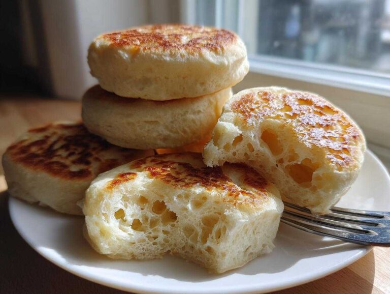 A stack of golden-brown homemade english muffin halves showing their characteristic open, airy crumb structure.