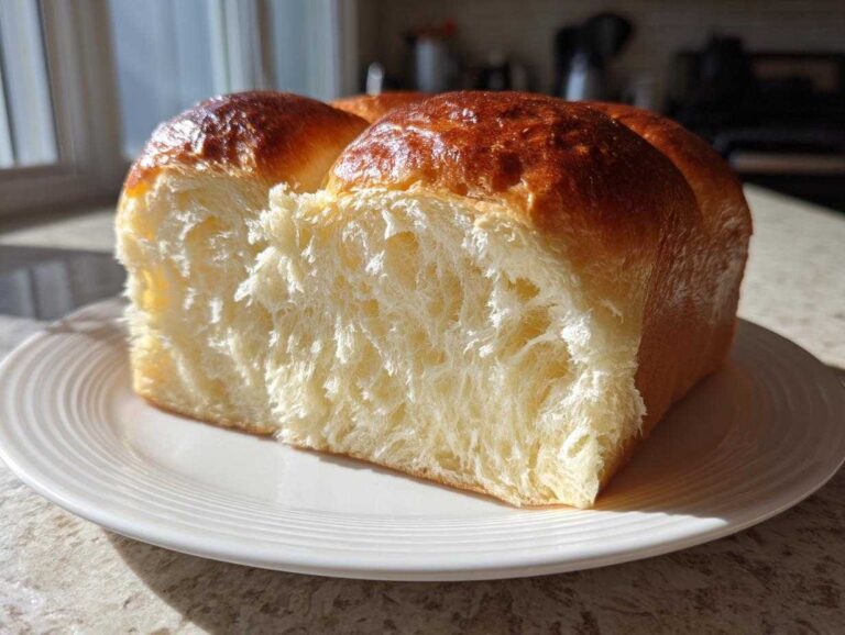 A cross-section of a freshly baked Japanese milk bread loaf showing its incredibly soft, stringy interior.
