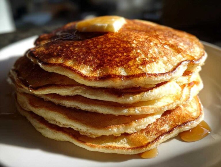 A tall stack of golden brown, fluffy pancakes topped with melting butter and syrup.
