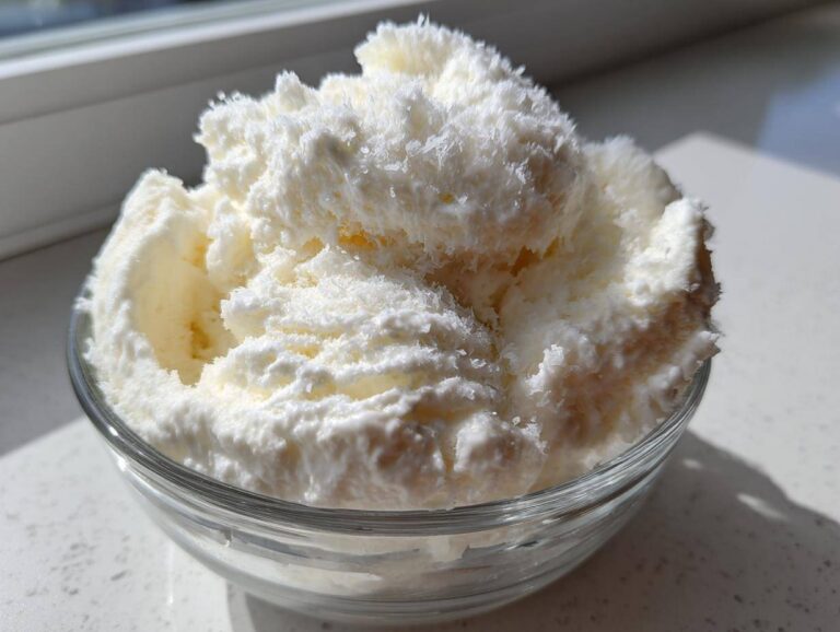 A close-up of fluffy, white snow ice cream served in a clear glass bowl sitting on a bright countertop.