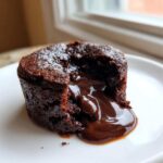 Close-up of a freshly baked chocolate lava cake with the molten center oozing out onto a white plate.