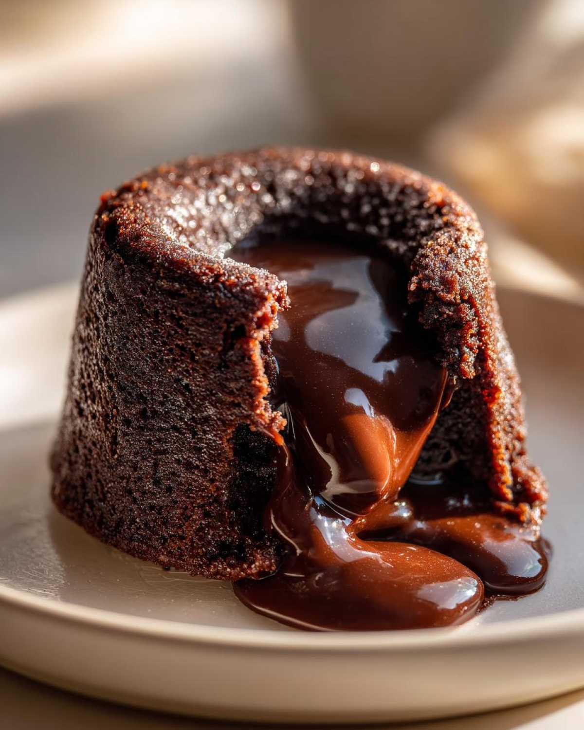 Close-up of a rich chocolate lava cake with molten center oozing out onto a plate.