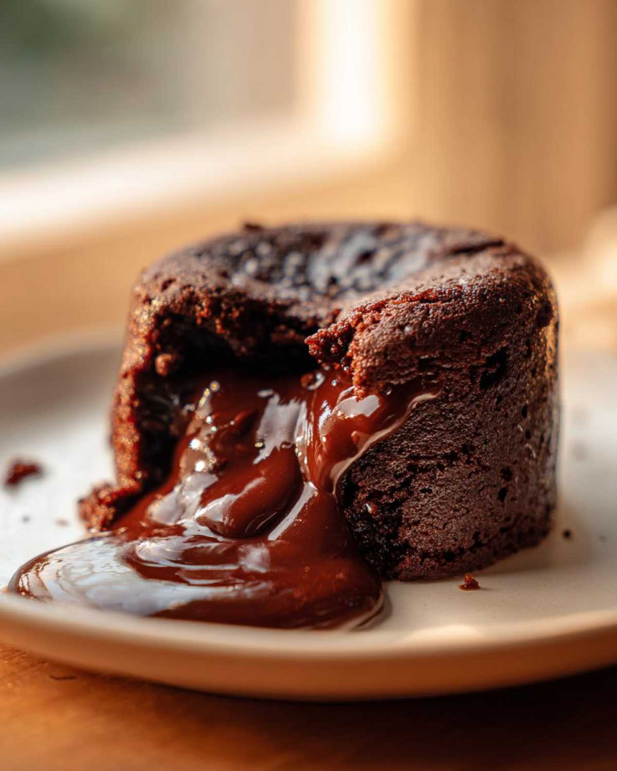 Close-up of a rich chocolate lava cake with molten chocolate oozing out onto a light plate.