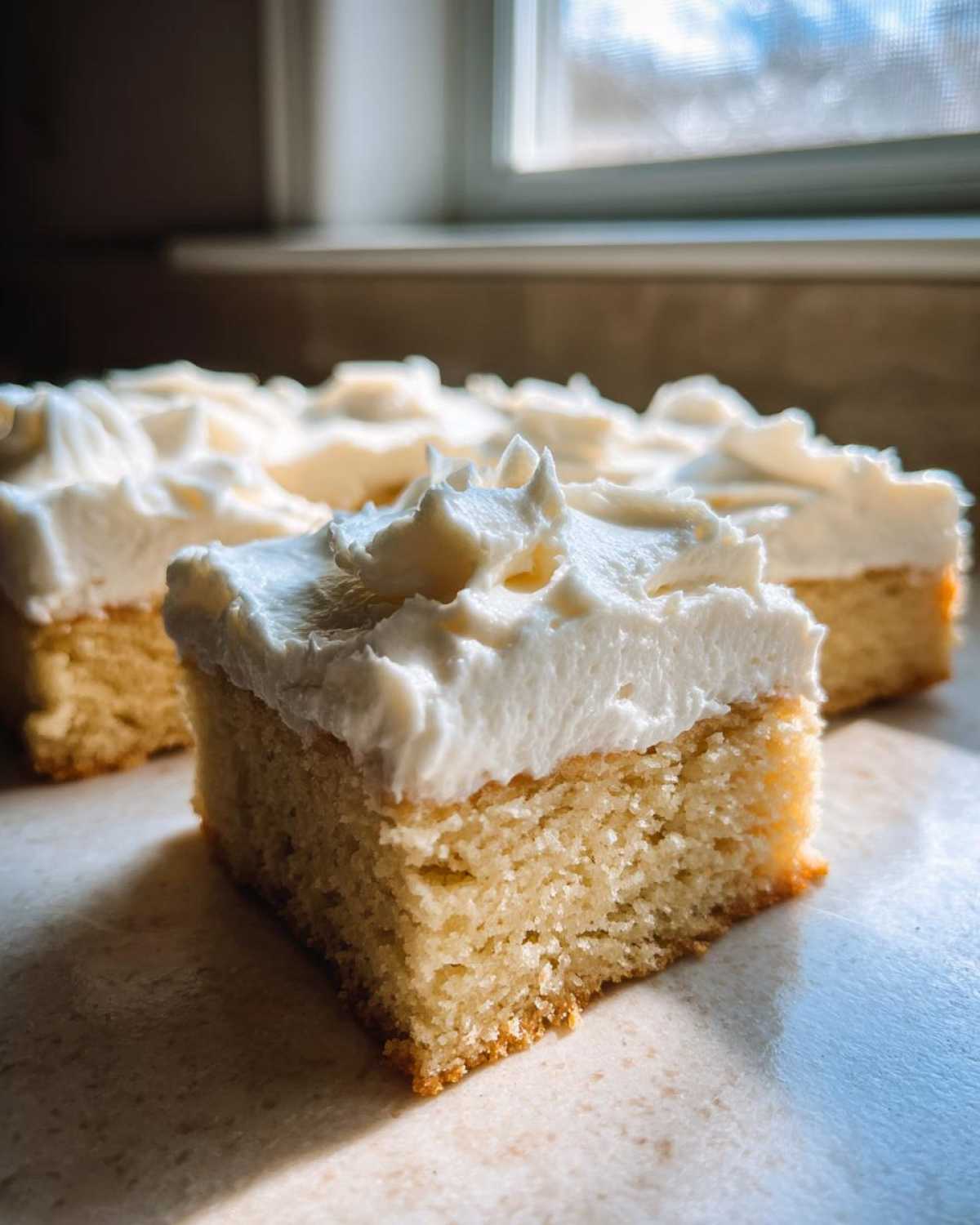 A close-up, sunlit shot of a square slice of soft sugar cookie bars topped with thick, piped white frosting.