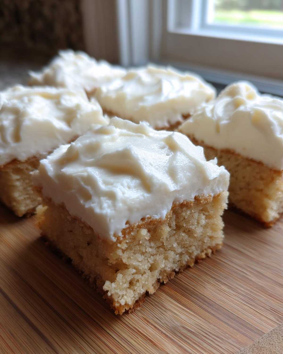 Close-up of square slices of soft sugar cookie bars topped with thick white frosting.