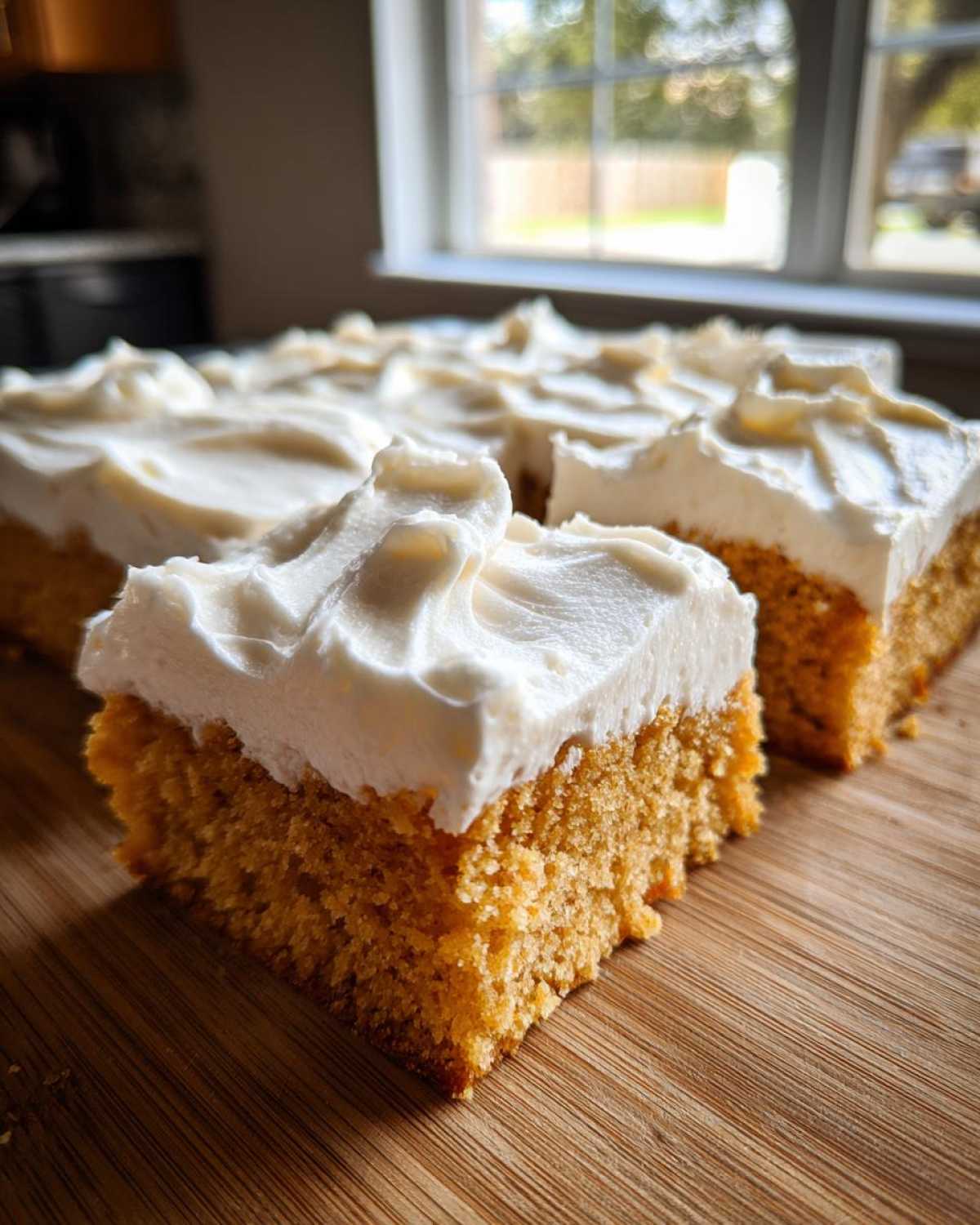 Close-up of thick, orange-hued sugar cookie bars topped with swirls of white frosting.