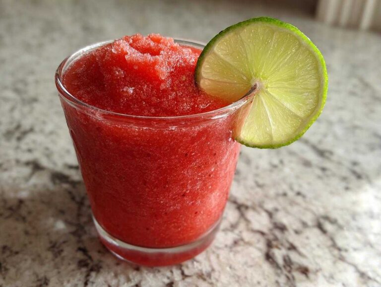 Close-up of a vibrant, frozen strawberry daiquiri garnished with a bright lime wheel.