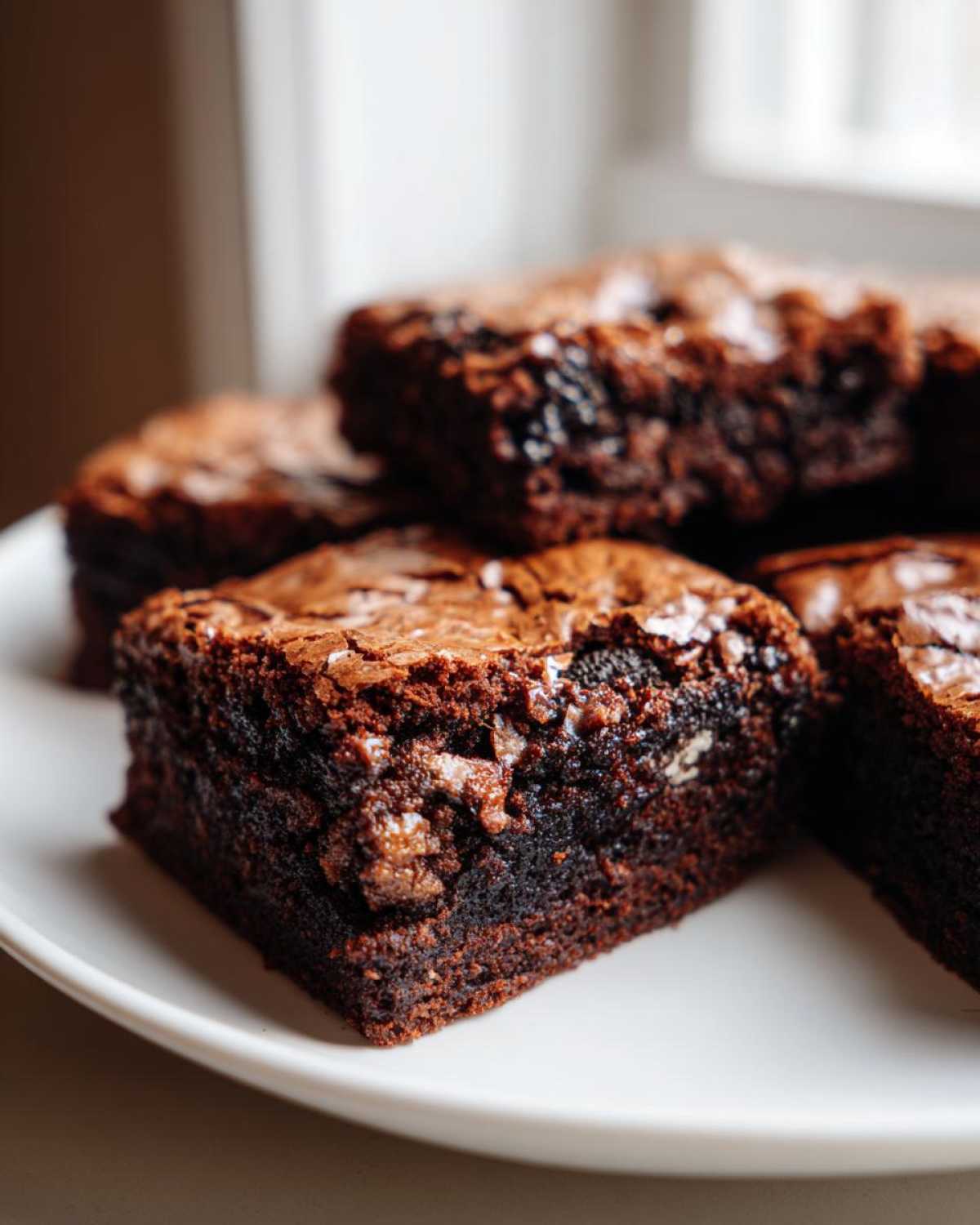 Close-up of several fudgy Oreo brownies stacked on a white plate, showing their rich, dark interior.