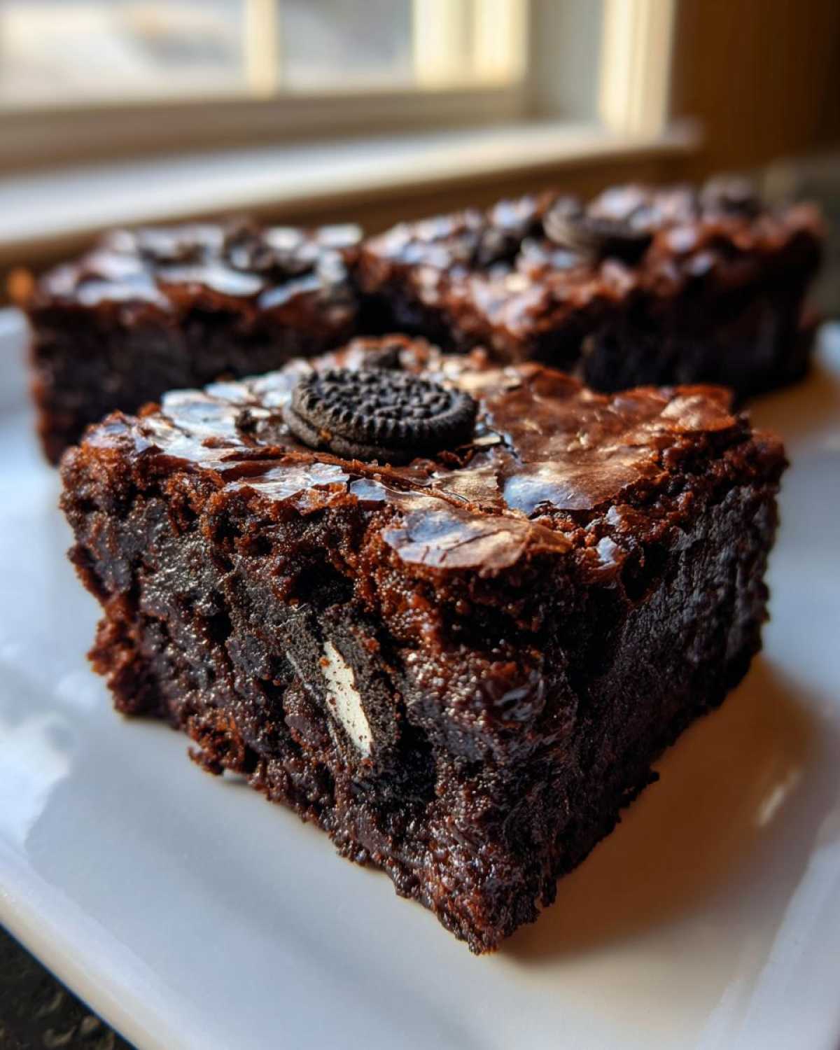 Close-up of a fudgy Oreo brownie slice showing a shiny top and a visible piece of Oreo cookie inside.