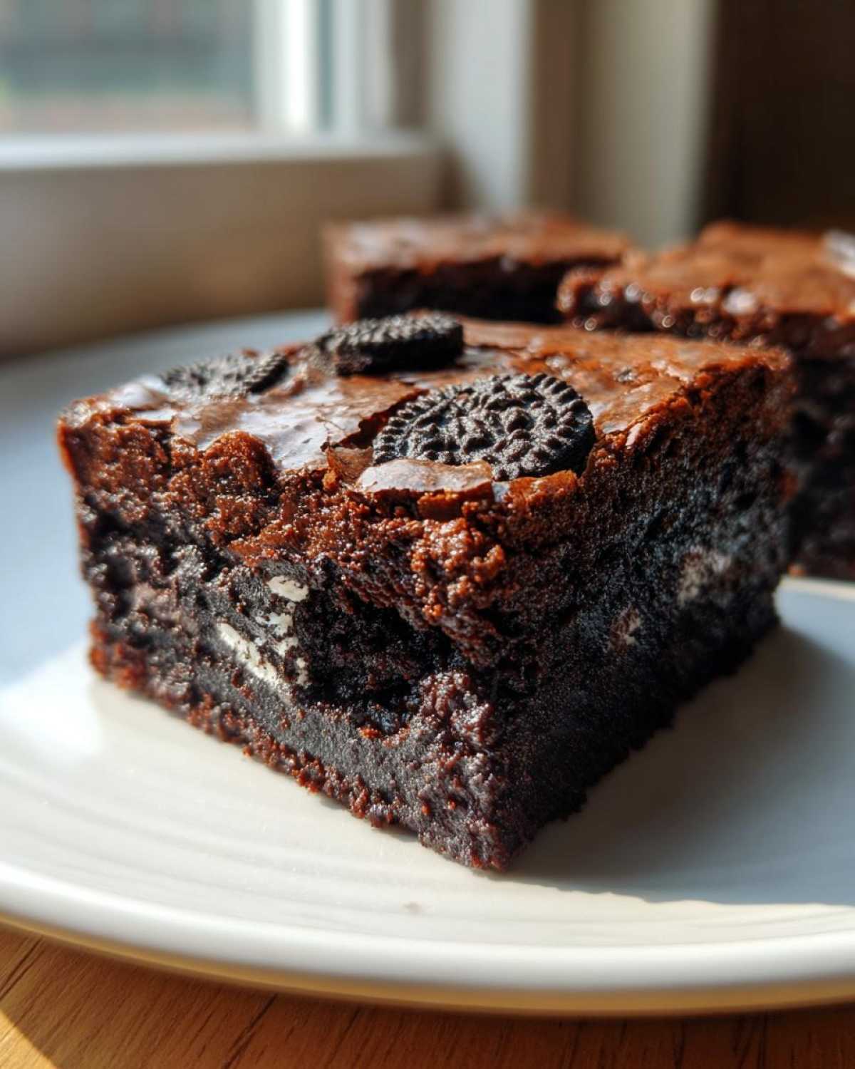 Close-up of a fudgy Oreo brownies slice showing a shiny top crust and visible Oreo pieces inside and on top.