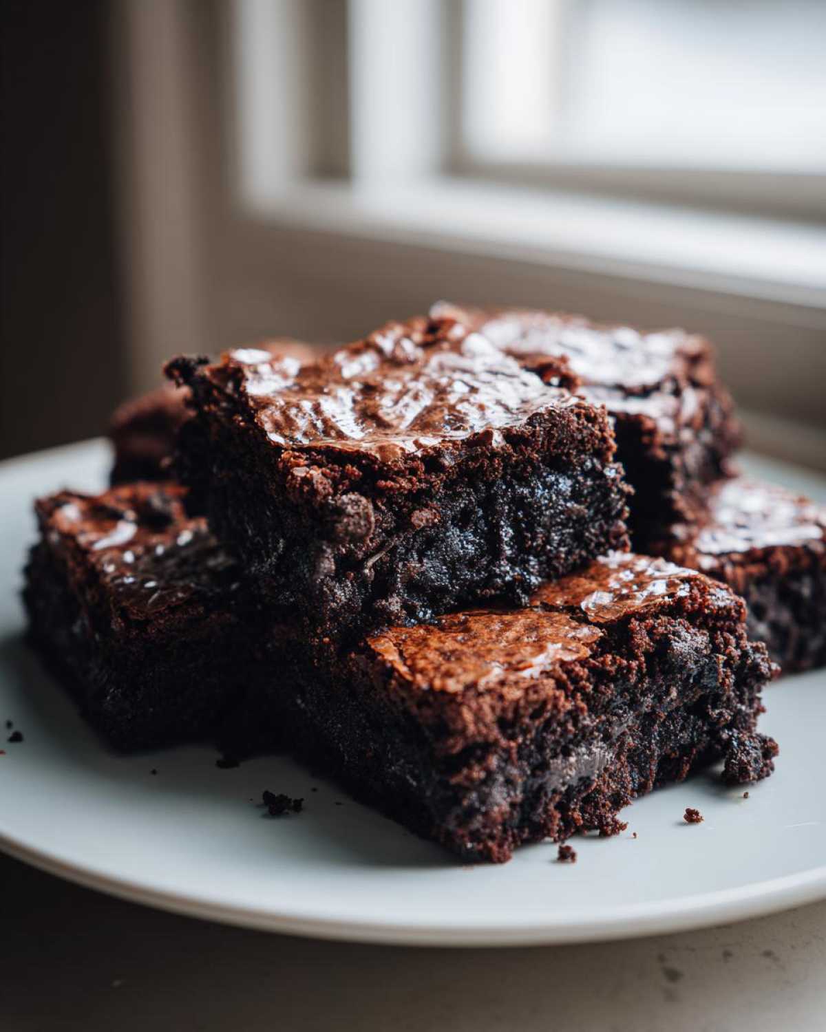 A stack of rich, fudgy Oreo brownies with shiny tops served on a light plate.