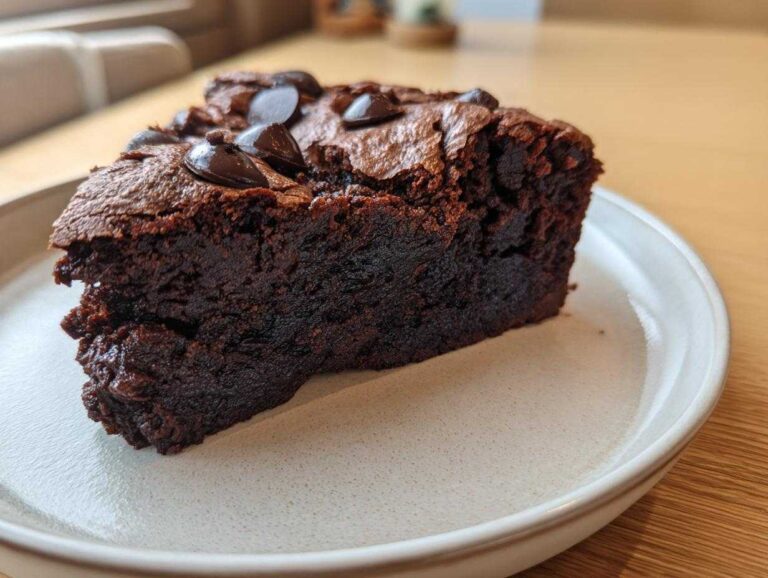 A close-up of a rich, fudgy slice of sweet potato brownies topped with melted chocolate chips on a light plate.