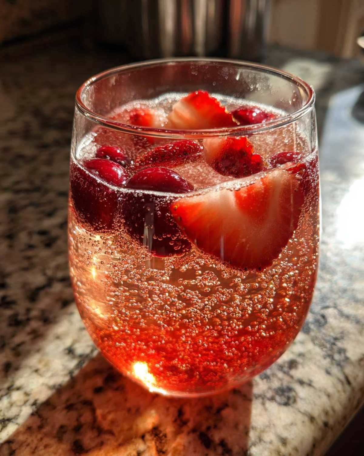 Close-up of a glass filled with bubbly champagne punch garnished with fresh strawberry slices and cranberries.
